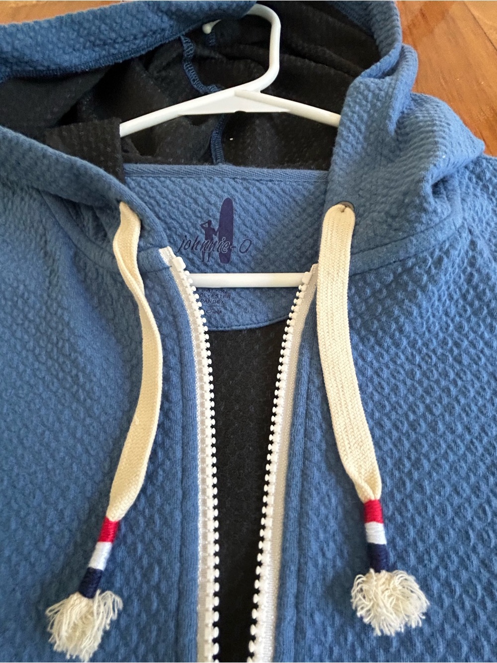 johnnie-O Blue Waffle Knit Half-Zip Hoodie with Cream Drawcords - Picture 2 of 4
